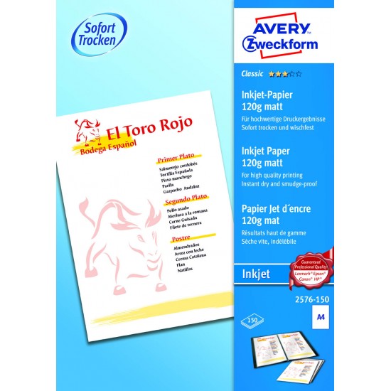 Papir Inkjet AVERY 2576-150 Mat A4. 120g Pisarniški material