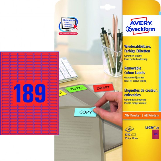 Odstranljive barvne etikete AVERY L6036-20 (dim.25,4x10) Pisarniški material