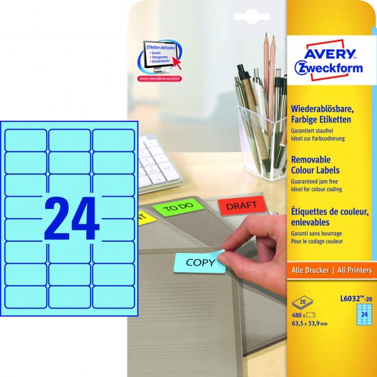 Odstranljive barvne etikete AVERY L6032-20 (dim.63,5x33,9) Pisarniški material