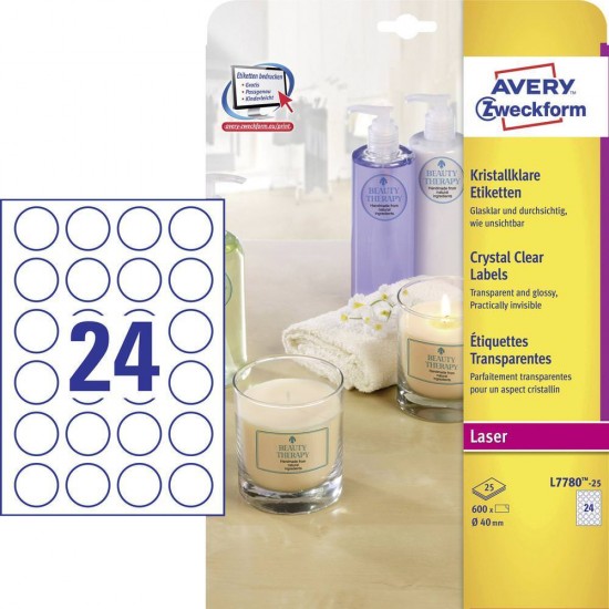 Prozorne Crystal Clear etikete AVERY L7780-25 (dim. fi 40mm) Pisarniški material