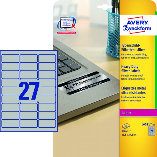 Odporne srebrne etikete AVERY Heavy Duty L6011-20 (dim.63,5x29,6) Pisarniški material