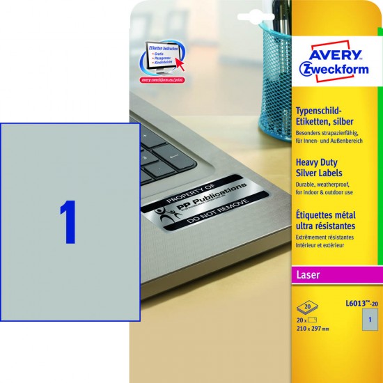 Odporne srebrne etikete AVERY Heavy Duty L6013-20 (dim.210x297) Pisarniški material