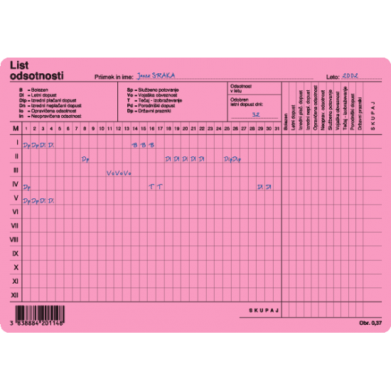 Obrazec  ALEA 0,37  - list odsotnosti Pisarniški material